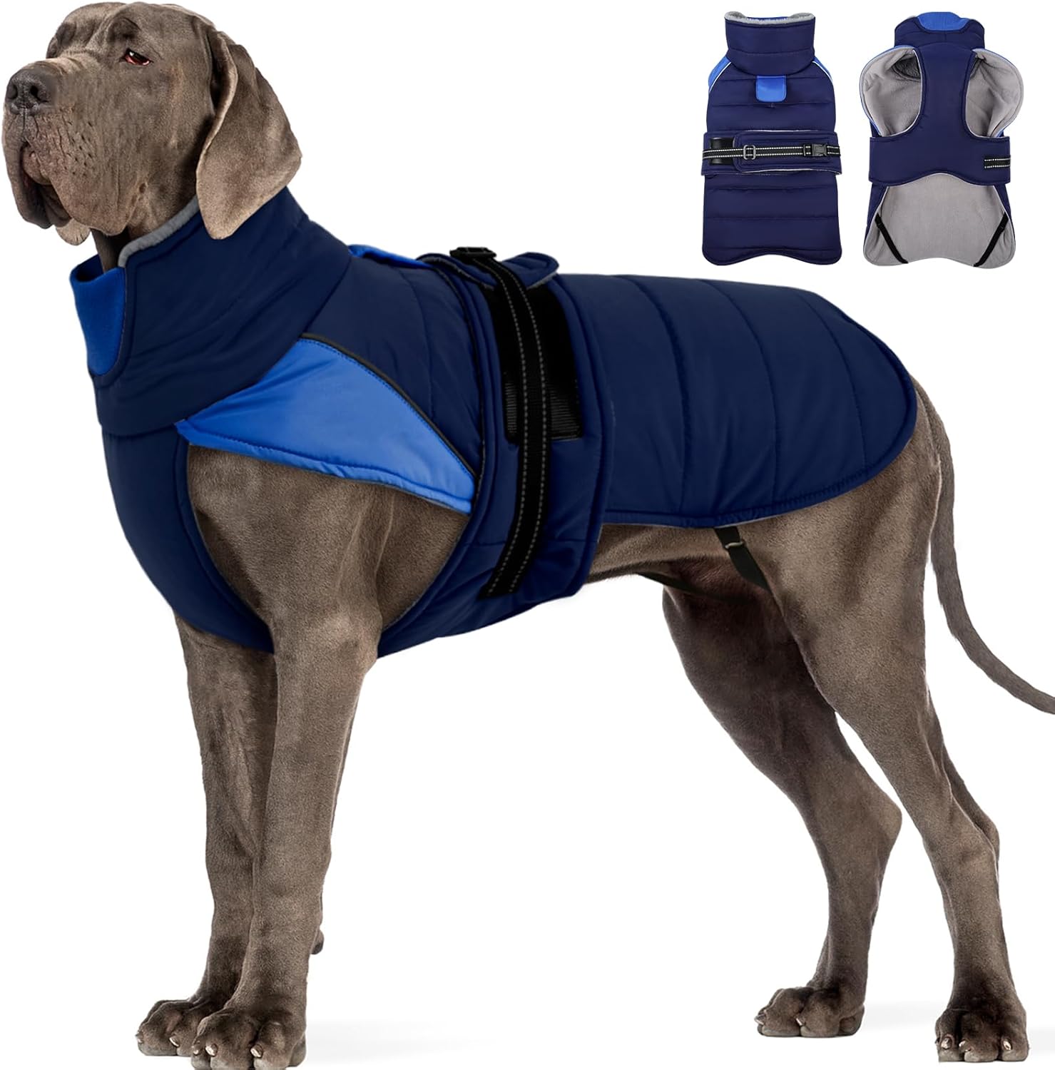 MIGOHI Thermal Large Dog Fleece Jacket – Rainproof Coat for Large Dogs, Thick Dog Winter Coat,Snow Jacket for Dogs Windproof for Hunting Camping,Windy Chilly Days,Doberman,Great Dane,3XL,DarkBlue