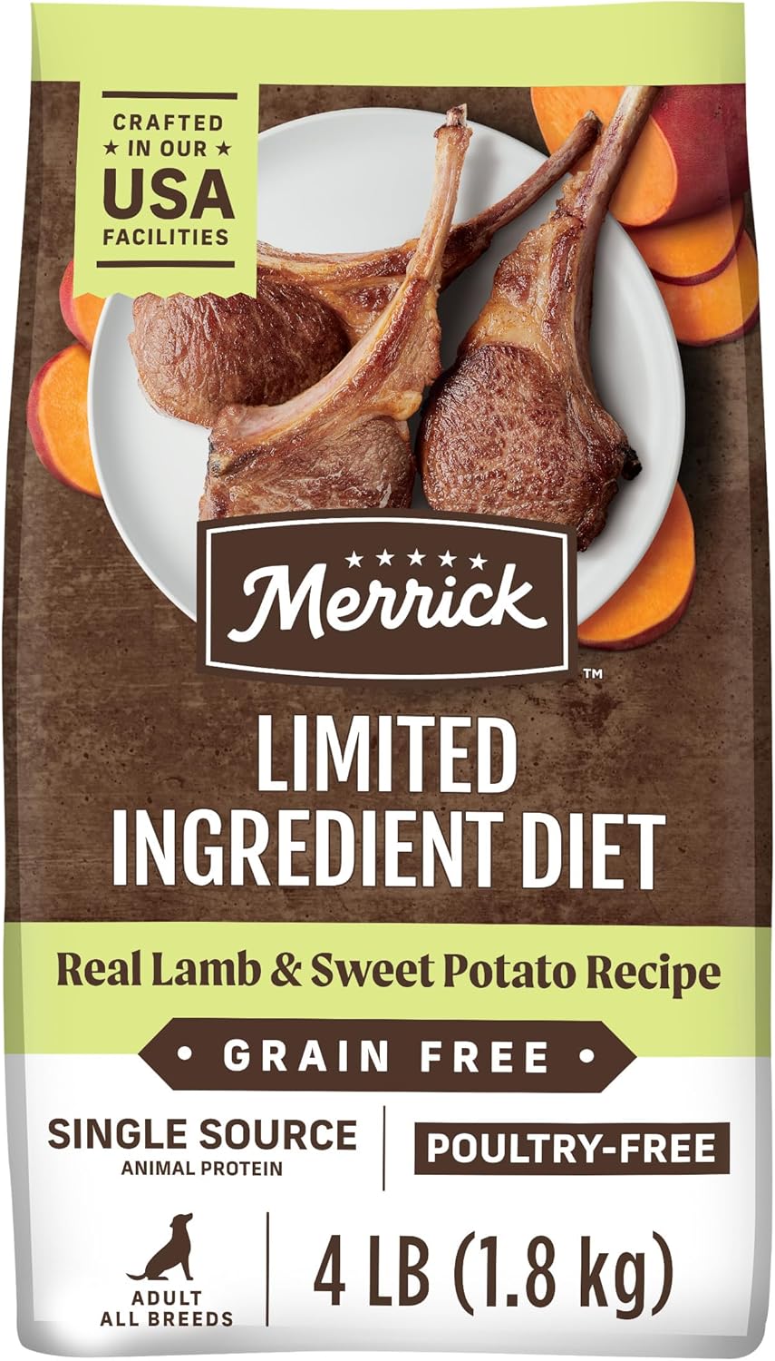 Merrick Limited Ingredient Diet Grain Free Dry Dog Food, Premium and Healthy Kibble with Lamb and Sweet Potato – 4.0 lb. Bag