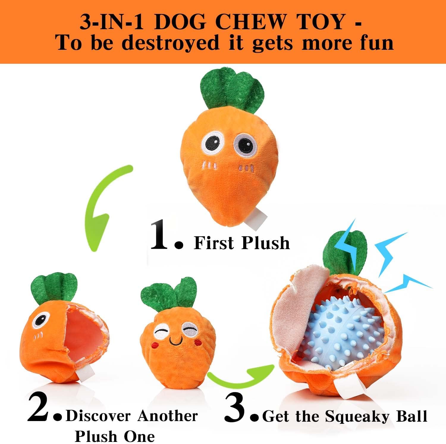 MewaJump 3-in-1 Plush Cute Dog Toy with Squeaky Ball, Dog Chew Toy with 3 Layers for Teeth Cleaning and Puzzle Enrichment for Small and Medium Breed Dogs