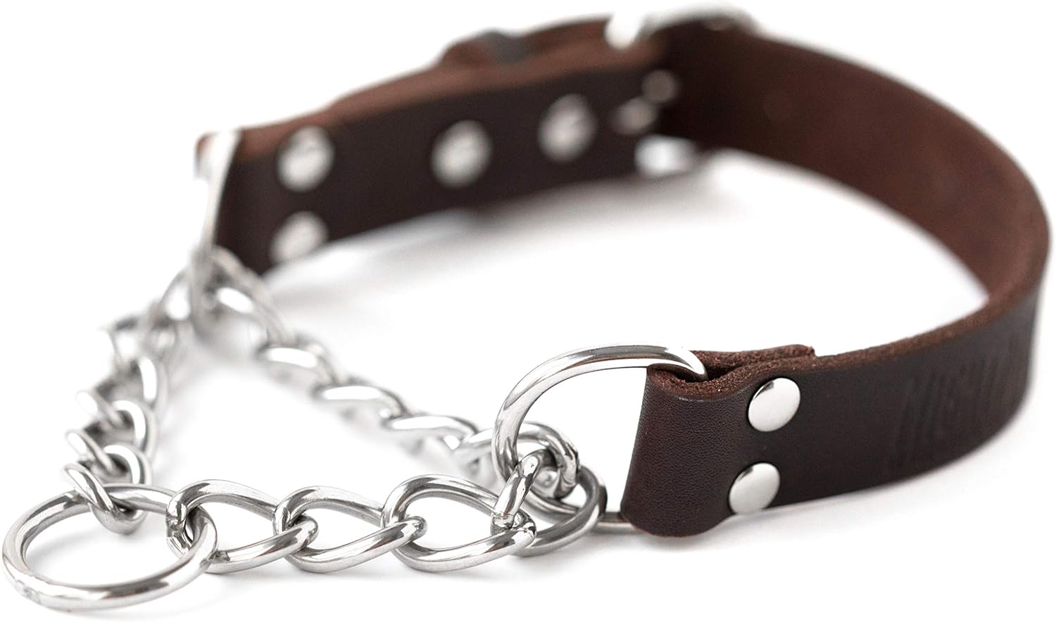 Mighty Paw Martingale Dog Collar – No Pull Design – Stainless Steel Chain – Limited Chain Cinch Training – Brown Leather Martingale Training Collar – Large Size