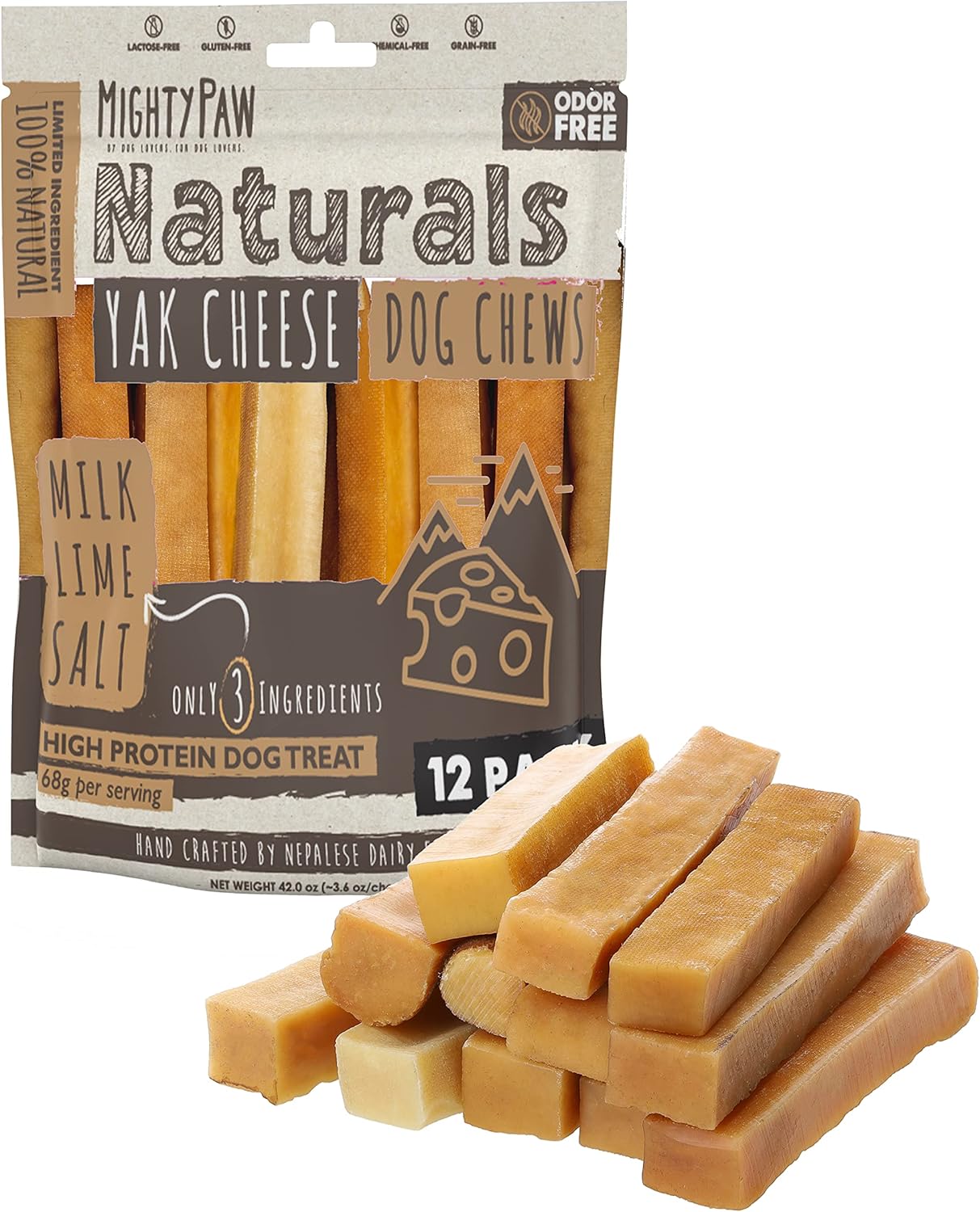 Mighty Paw Yak Cheese Chews for Dogs | All-Natural Long Lasting Treats. Odorless and Great for Oral Health. Limited-Ingredient Chews for Puppies & Power-Chewers (Large, 12 Pack)1 Count (Pack of 1)