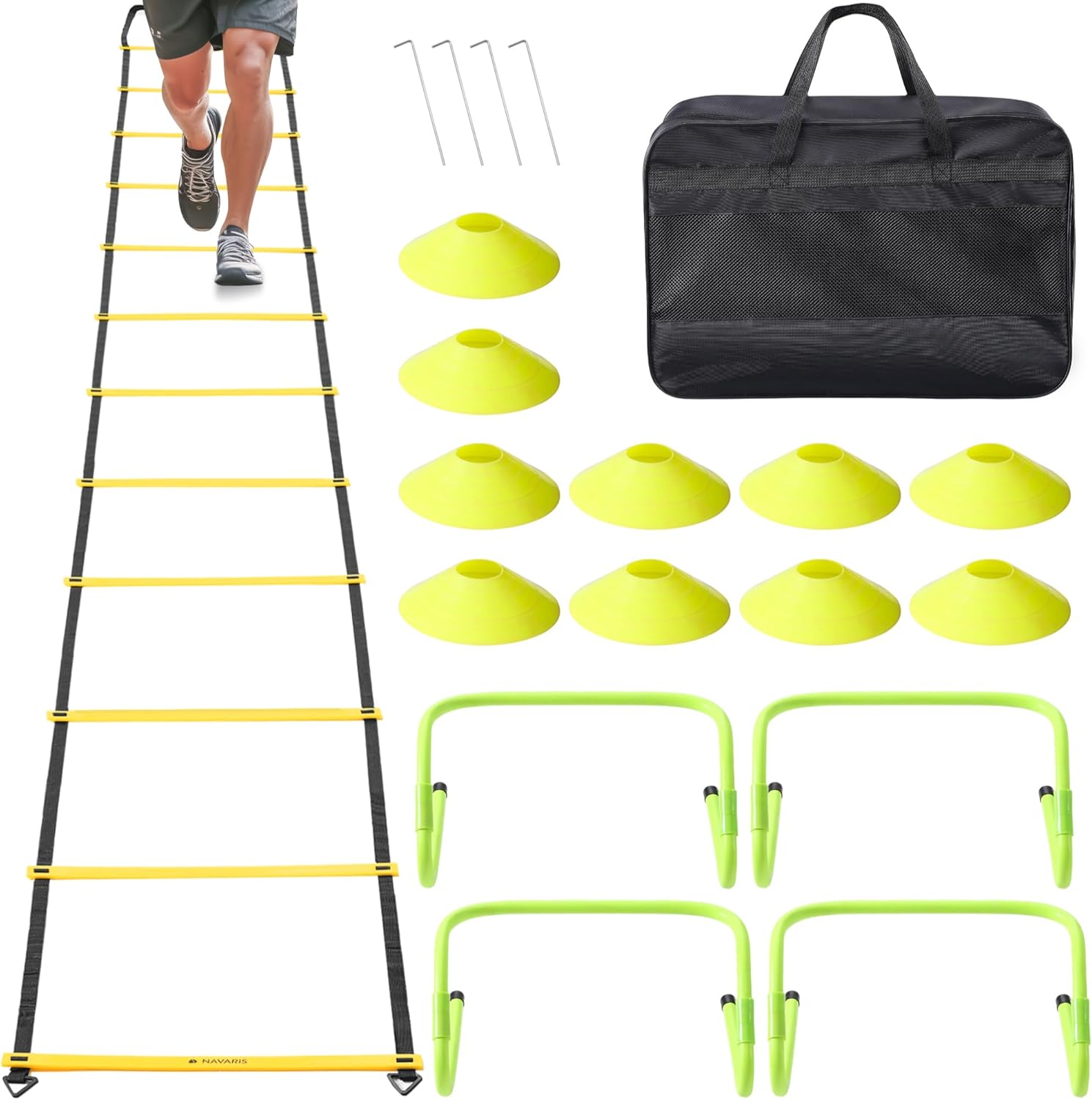 Navaris Agility Ladder Set with Hurdles – Complete Kit – 4 Adjustable Height Hurdles – Indoor or Outdoor Speed Agility Training – 10 Disc Cones – Yellow
