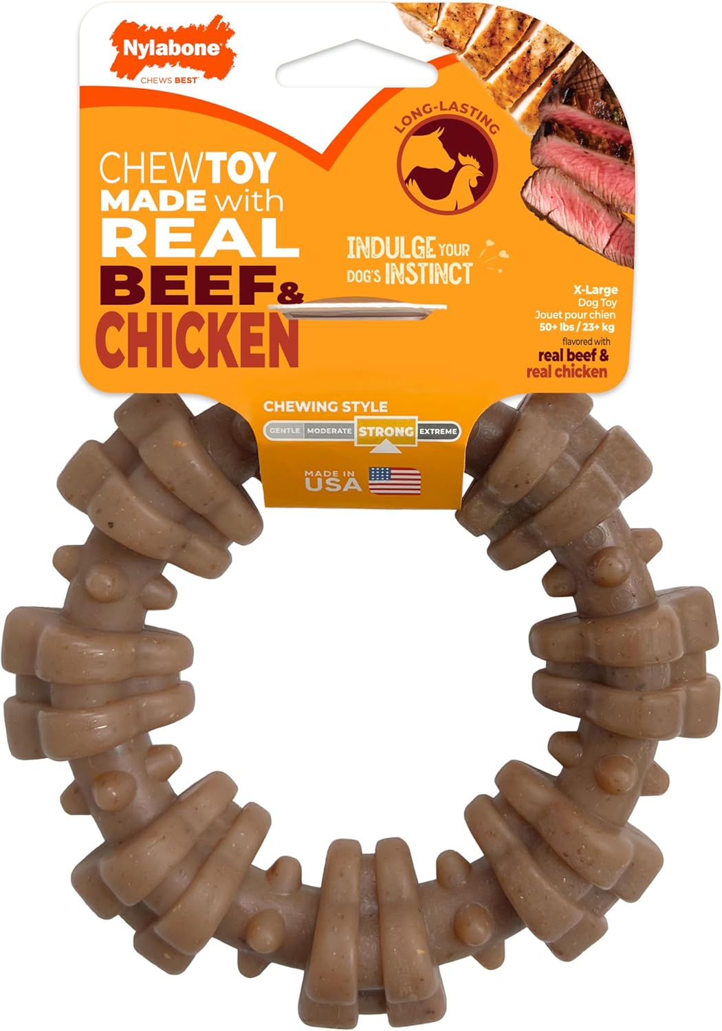 Nylabone Strong Chew Textured Ring Dog Toy Made with Real Beef & Chicken, Durable Chew Toys for Aggressive Chewers, Long Lasting Dog Bone, Keeps Dogs Busy, X-Large Breeds – 50+ lbs