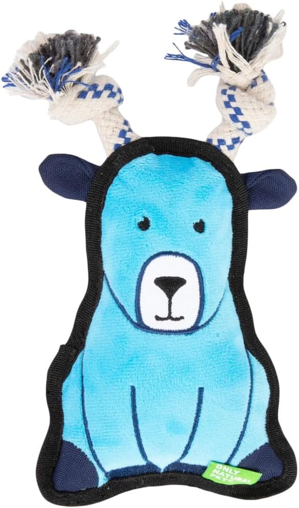 Only Natural Pet Mountain Friends Recycled Plush Dog Toys – Durable Double-Stitched Design with Internal Squeaker & Rope Tug Horns – Stuffed Toy for Dogs, Squeaky Pet Toy | Gertrude The Goat, 5″ x 9″