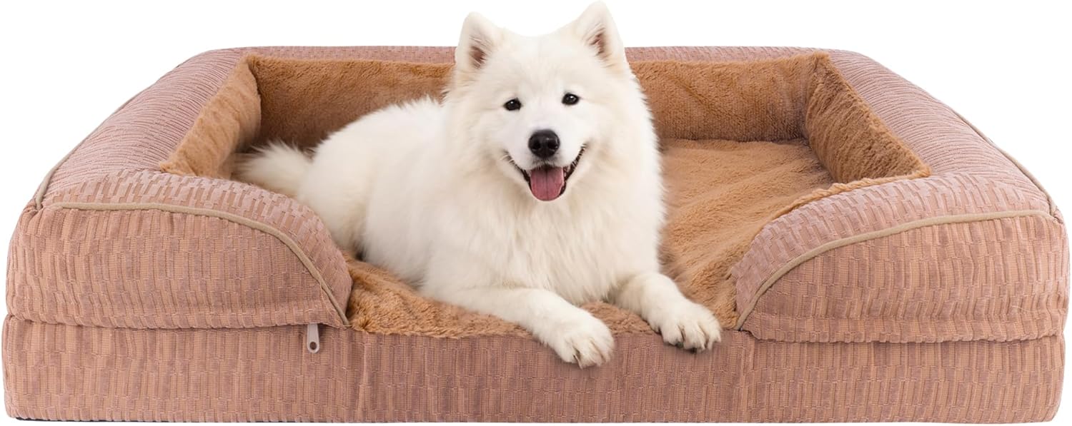 Orthopedic Dog Bed for Extra Large Dogs, 42×30 Inch Waterproof Egg Crate Memory Foam Dogs Bed with Detachable Top, Dog Couch with Zipper Washable Cover, Nonslip Bottom for Living Room, Brown