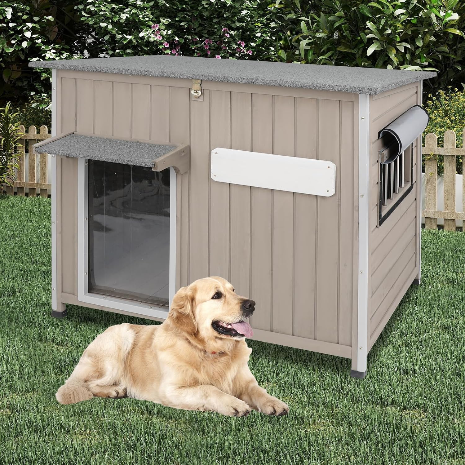 Outdoor Dog House Weatherproof, Wooden Puppy Shelter with Anti-Chewing Iron Frame and Elevated Floor, Sturdy Dog Kennel for Small, Medium & Large Dogs (Gray, 40″ L x 26″ W x 31″ H)