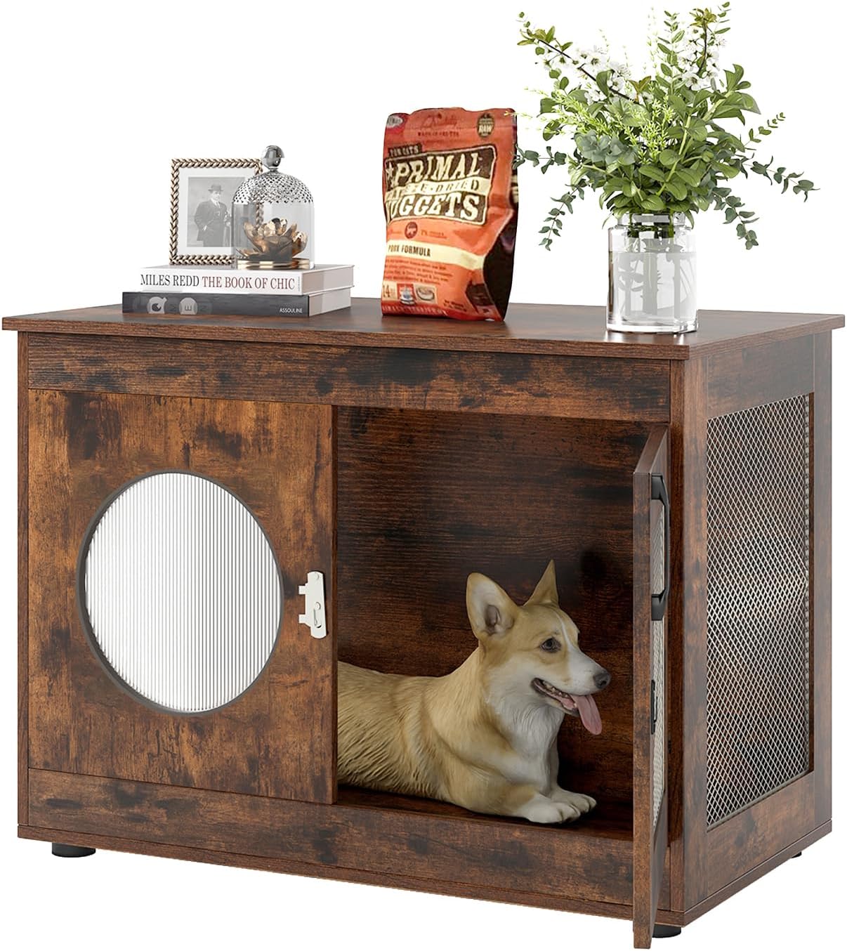 PETSITE 32.5 Inches Wooden Dog Crate Furniture, Decorative Industrial Indoor Dog Kennel Cage with Translucent Window, and Lockable Door, Pet House End Table Ideal for Small and Medium Dogs