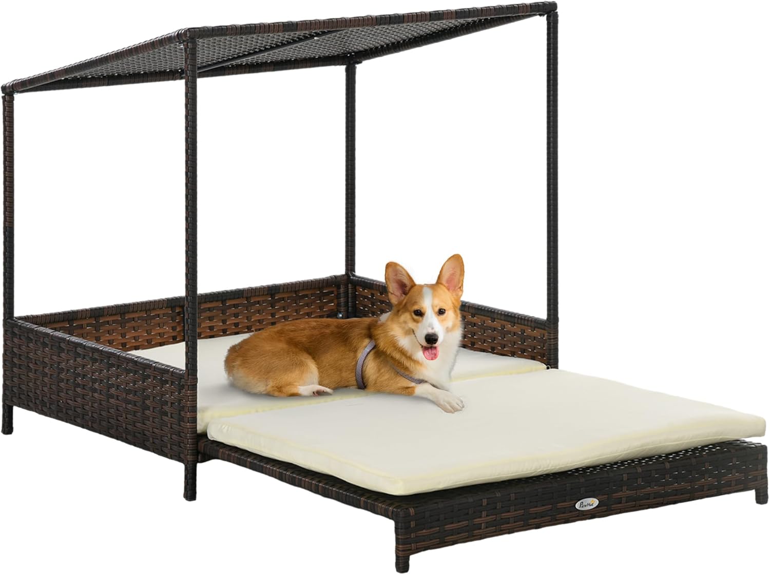 PawHut Wicker Dog House Outdoor with Canopy, Rattan Dog Bed with Removable Cushion, Raised Dog Bed, Cat Shelter, Patio Pet Sofa for Medium Sized Pet Mixed-Brown