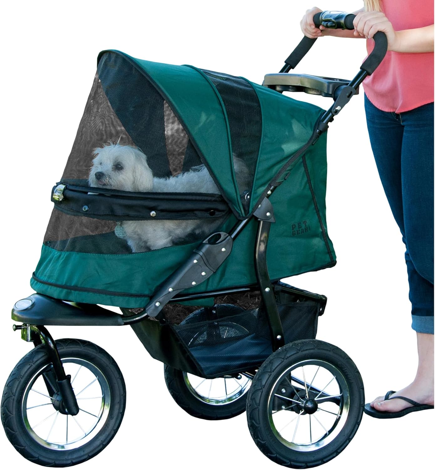 Pet Gear No-Zip Jogger Pet Stroller for Cats/Dogs, Zipperless Entry, Airless Tires, Easy One-Hand Fold, Cup Holder + Storage Basket, New Forest Green