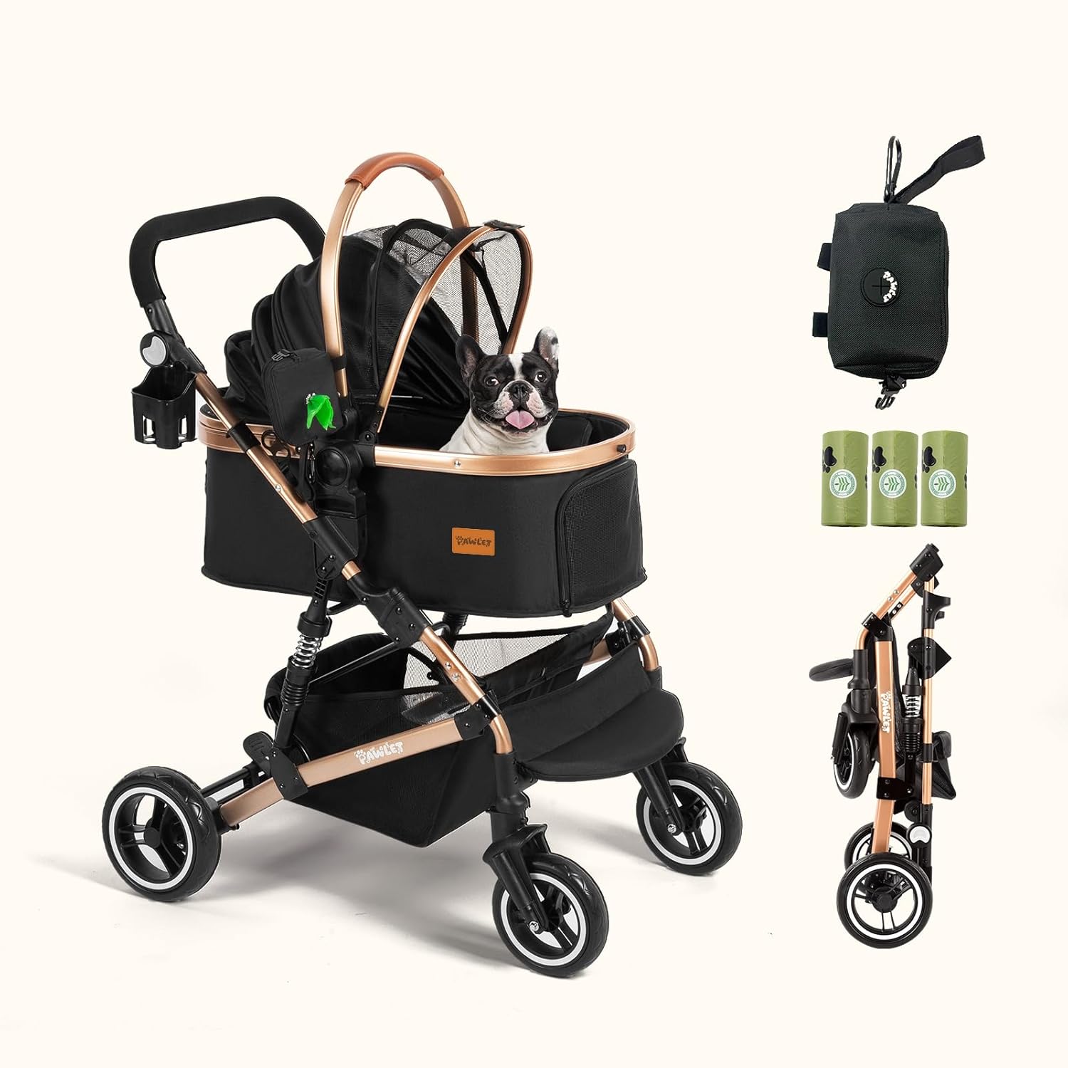 Pet Stroller,Dog Stroller for Medium Dogs Up to 52 Lbs,Cat Strollers for 2 Cats with Waterproof Oxford Fiber Detachable Carrier,Poop Bag Dispenser,Adjustable Handle&Canopy,for Senior Dogs&Cats