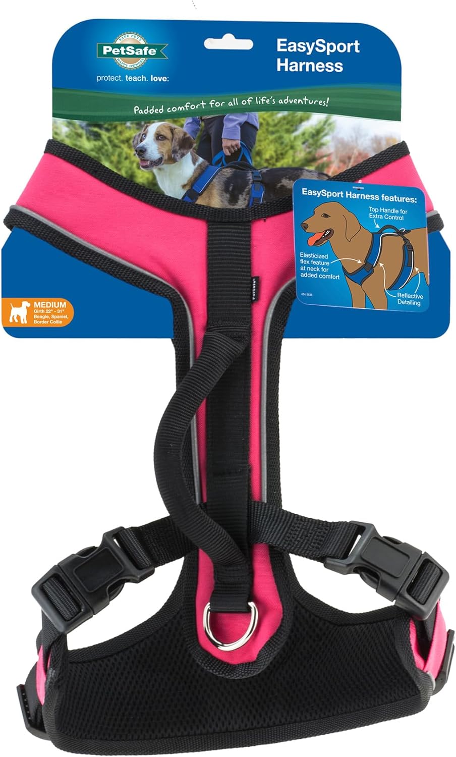 PetSafe EasySport Dog Harness Adjustable Padded Dog Harness with Control Handle and Reflective Piping Medium, Pink