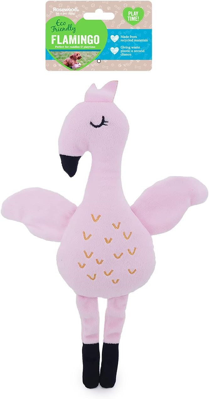 Rosewood Eco Friendly Plush Flamingo Dog Toy with Squeaker, Made from Recycled Plastic Bottles Mixed