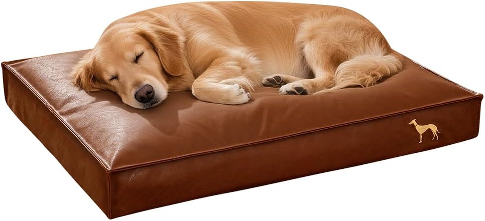 SOMAHE Orthopedic Dog Bed for Medium Large Dogs, Leather Waterproof Chew-Resistant Wipeable, 4″ Dual-Layer Support, Non-Slip, Removable Washable Cover, 35.4″×27.6″×4″ Brown