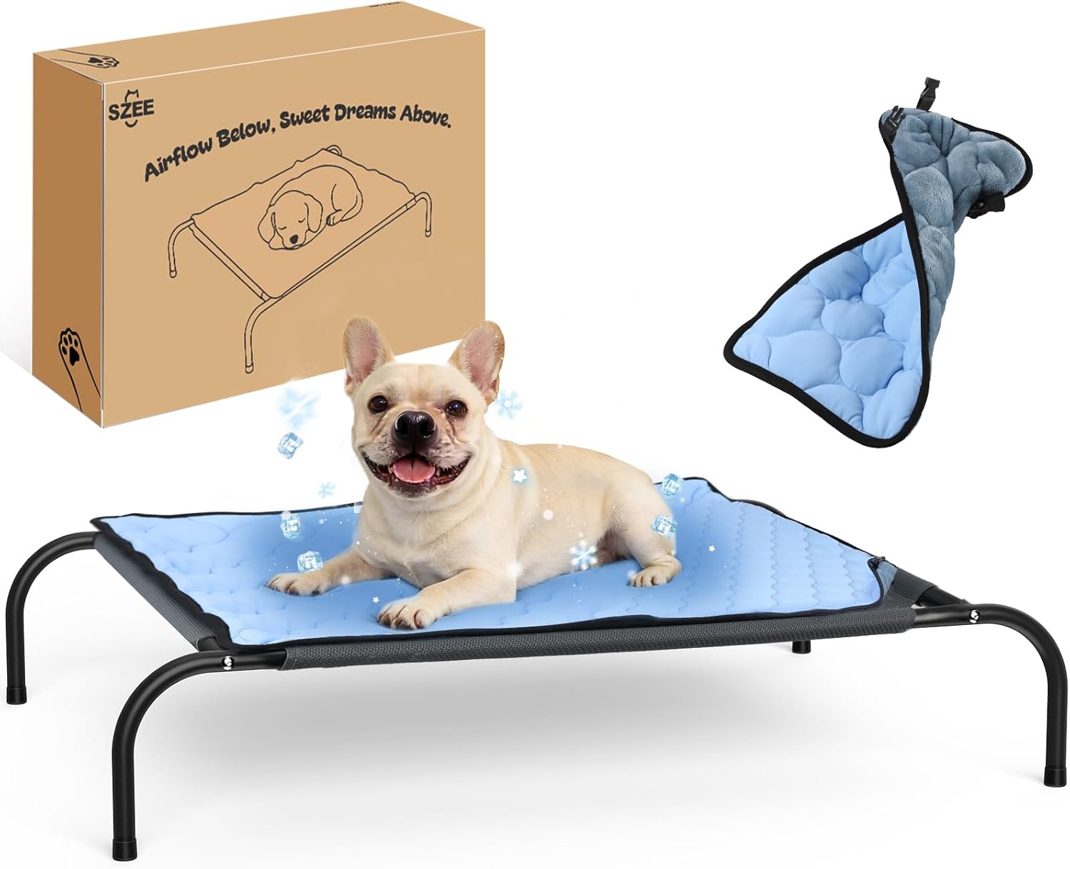 SZEE Raised Dog Cot Bed with Detachable 2-Sided Cooling/Warming Waterproof Mat, Elevated Dog Bed for Medium Sized Breeds with Durable Steel Frame & Sturdy Teslin Mesh, Outdoor & Indoor All-Season Use