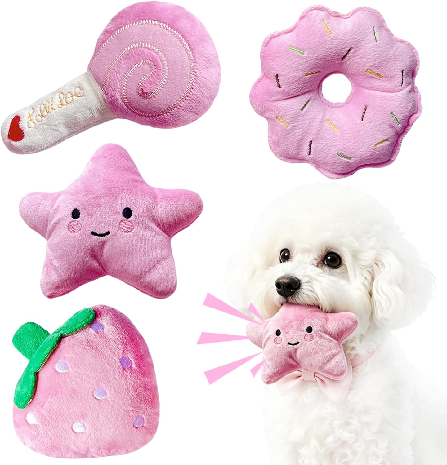 Small Dog Toys, Squeaky Dog Toy for Small Dogs- Pink Cute Puppy Toys, 4 Packs Pet Chew Toys for Fun, Interactive Dog Plush Toys for Puppies, Dog Squeak Toys