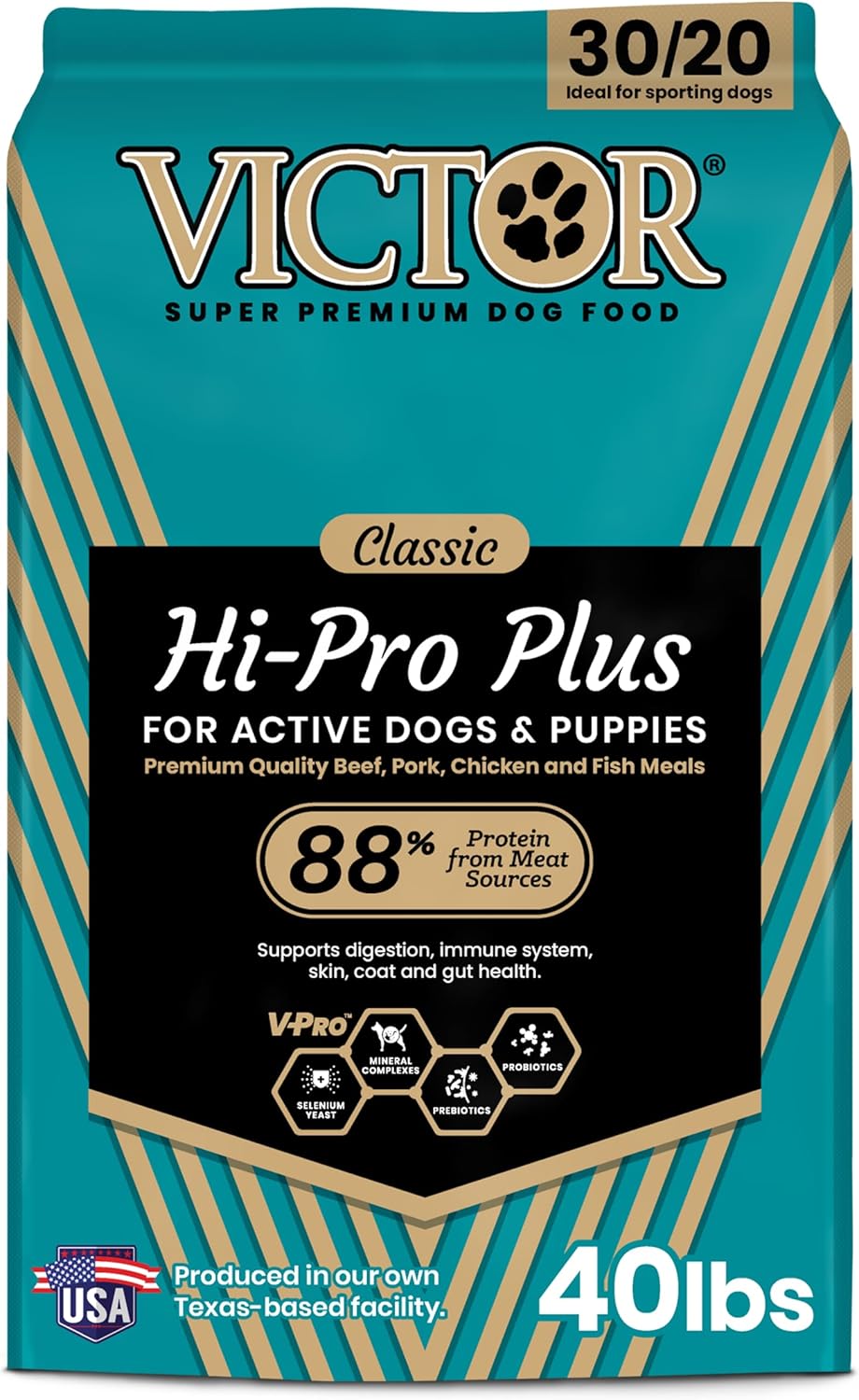 VICTOR Super Premium Dog Food – Hi-Pro Plus Dry Kibble – High Protein Dog Food with 30% Protein – Beef, Chicken, Pork, Fish Meals, Gluten Free – for High Energy and Active Dogs & Puppies, 40lbs