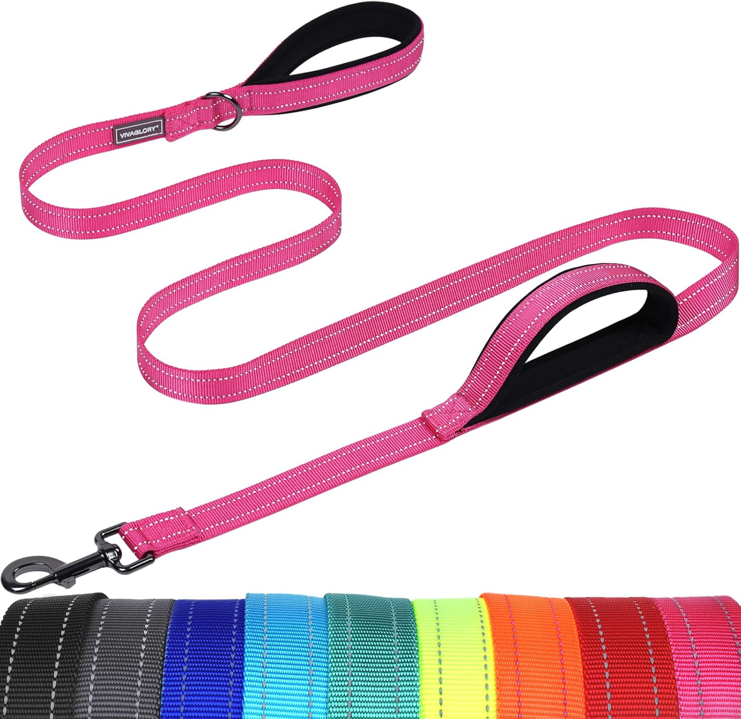 VIVAGLORY Dog Leash Twingrip Double Handle Dog Leash with Traffic Handle Control & 2 Loop for Walking & Training, Reflective Heavy Duty for Puppy Pet Collar, 4ft x 1in, Pink