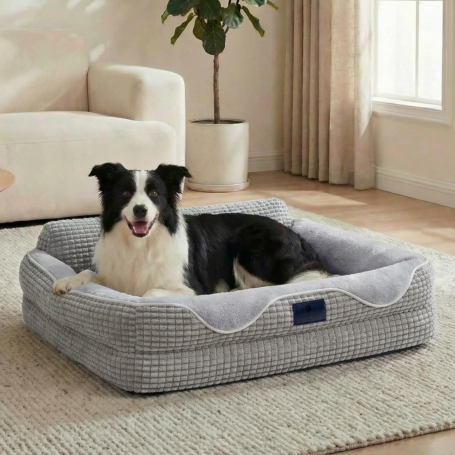 Veehoo Cute Dog Bed for Medium Dogs, Orthopedic Egg-Crate Foam Dog Bed with Sides, Removable Washable Cover & Waterproof Lining, Comfortable Pet Couch Pet Sofa Grey, 36″