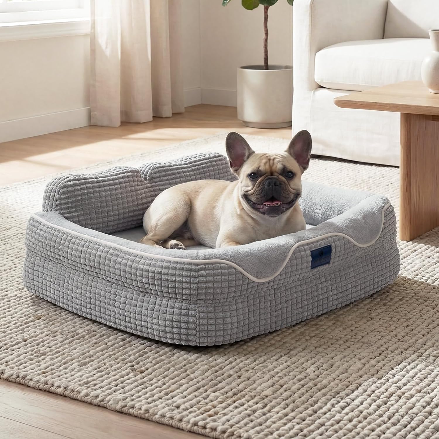 Veehoo Cute Dog Bed for Medium Sized Dogs, Orthopedic Waterproof Medium Pet Beds with Sides, High Back Non-Slip Bottom and Egg-Crate Foam Pet Couch Sofa with Washable Removable Cover Grey, 28″