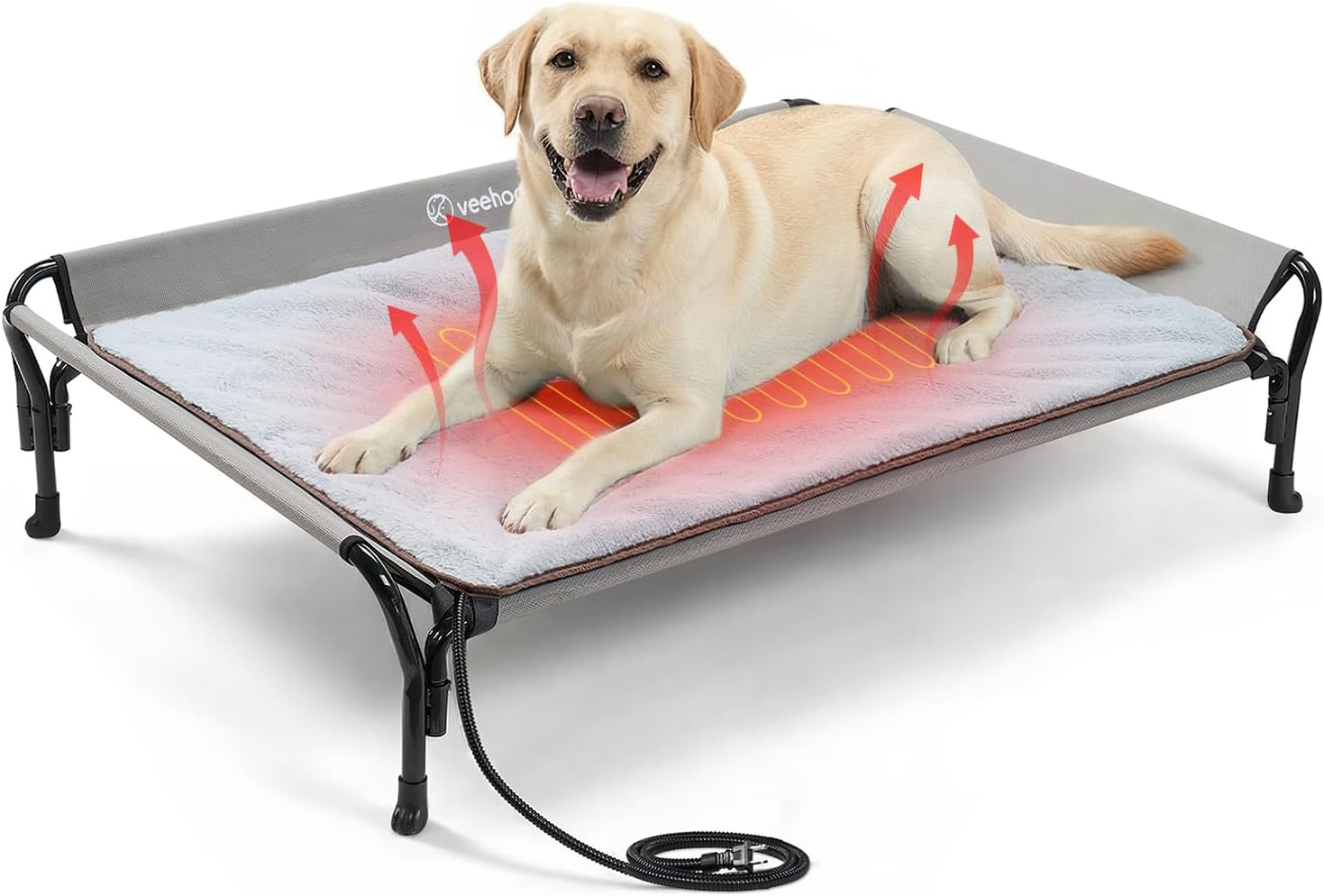 Veehoo Elevated Dog Bed with Plush Heated Mat, Raised Dog Bed with Waterproof Heating Pads for Cats & Dogs Outdoor Indoor, Heated Dog Sofa Bed with Power Line Protection Tube, 47.2″ x 31.9″, Grey