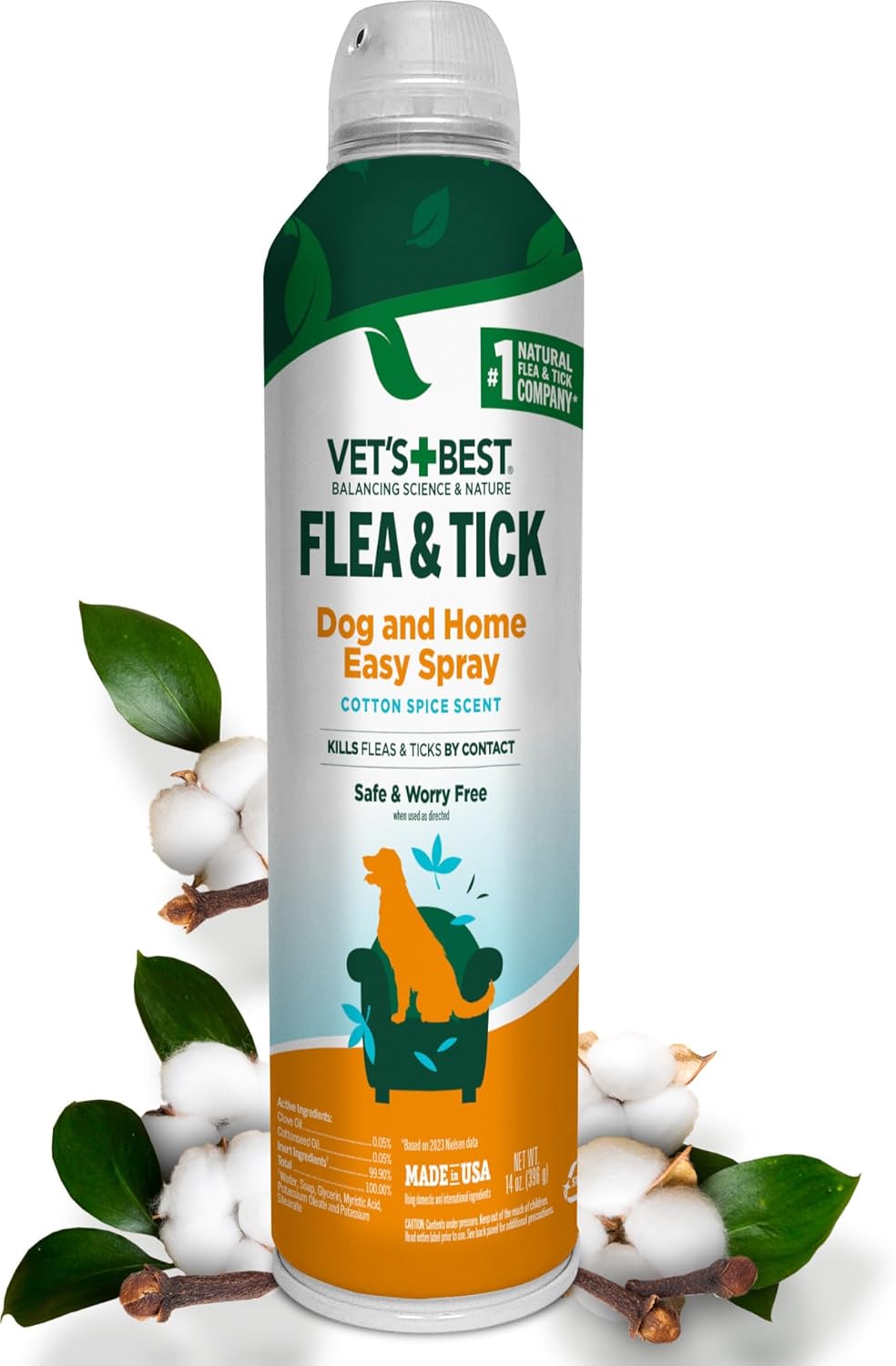 Vet’s Best Natural Flea and Tick Easy Spray for Dogs – Cotton Spice Scent – Natural Flea & Tick Prevention – Kills Pests on Contact – Plant-Based Formula – Made in USA – 14 oz
