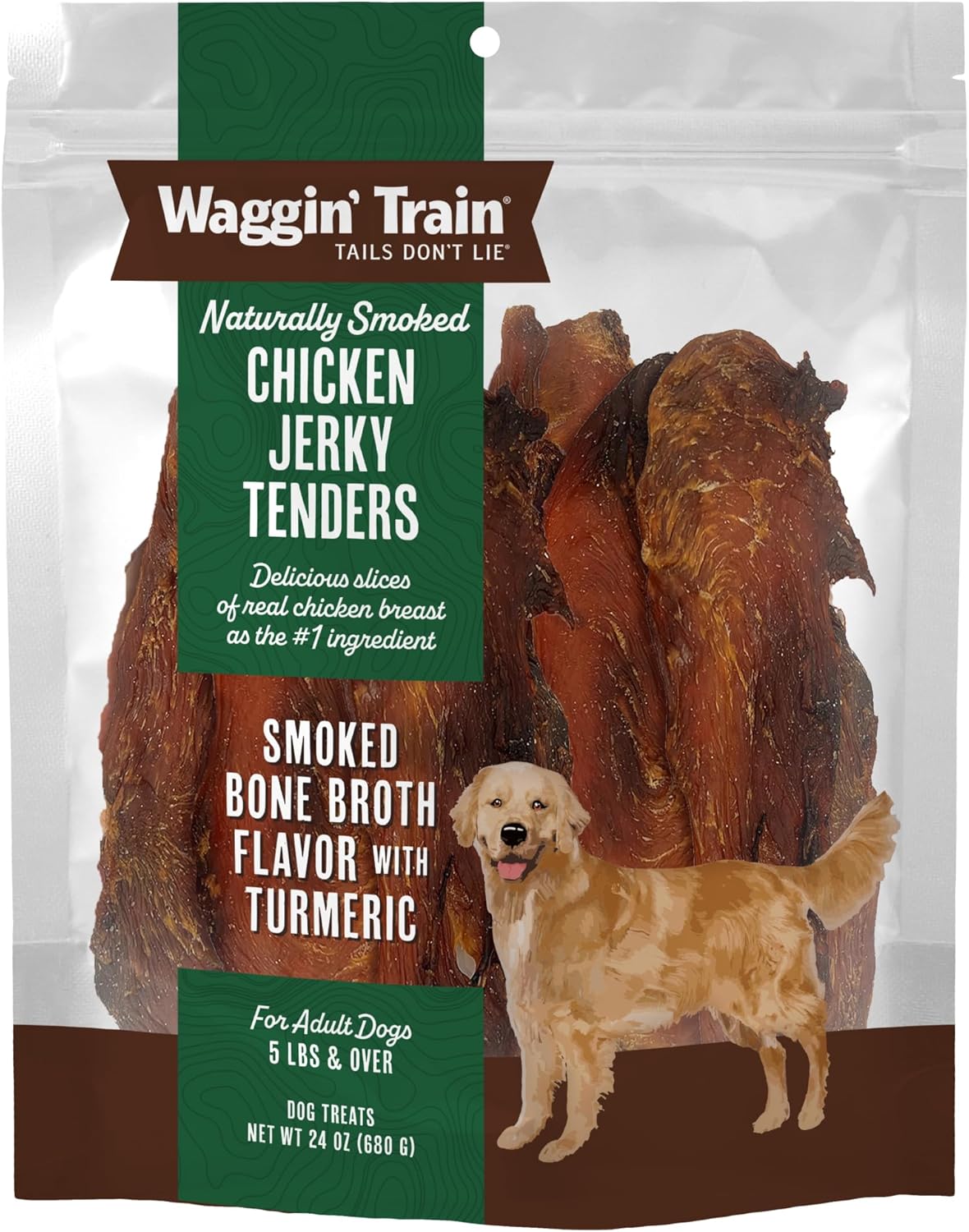 Waggin’ Train Smoked Chicken Jerky Tenders for Dogs with Turmeric and Human Grade Bone Broth, Grain and Corn Free, High Protein, Premium Limited Ingredient 100% Real Chicken Dog Treats, 24 oz. Pouch
