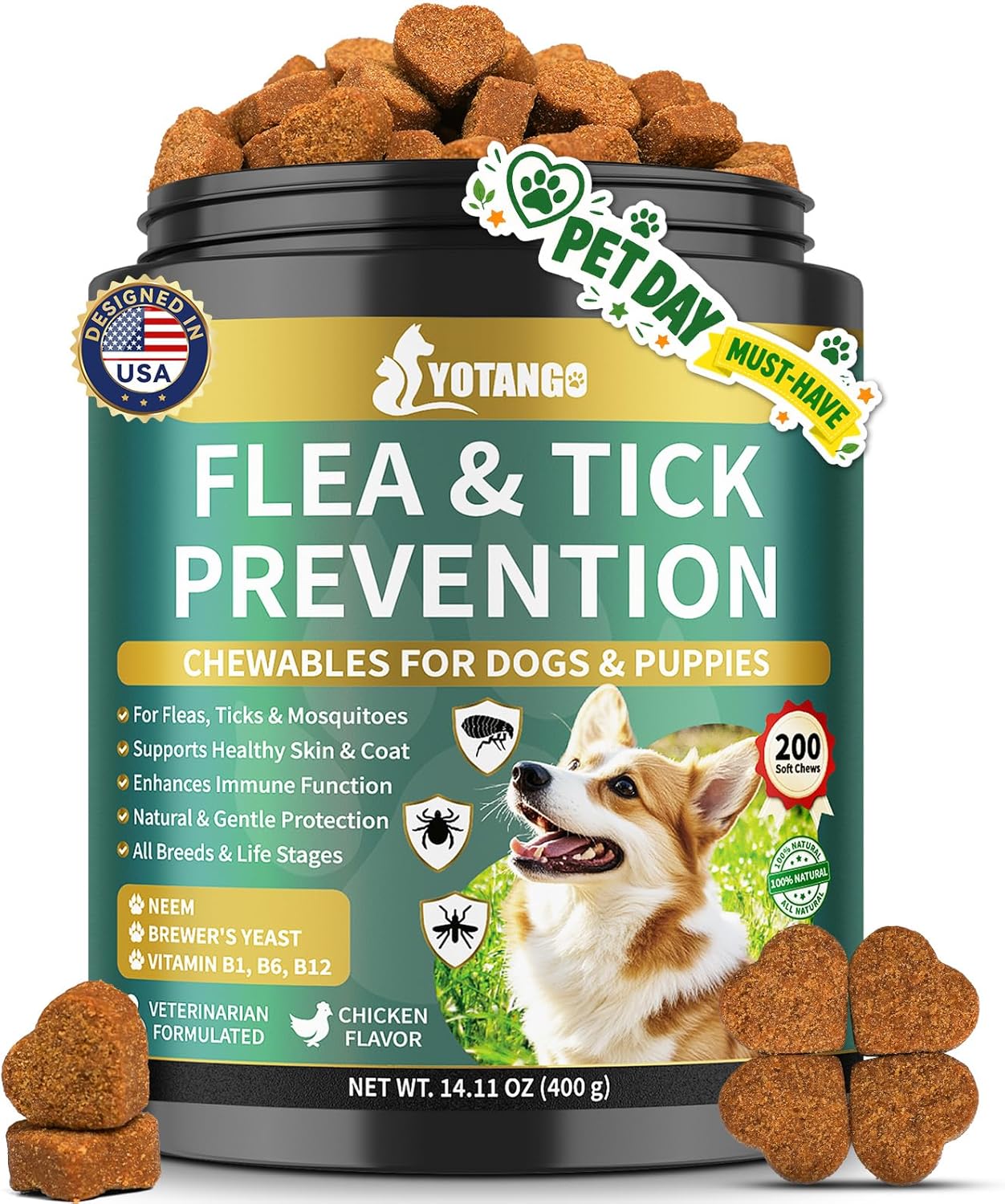 YOTANGO Flea and Tick Prevention for Dogs Chewable, 200 Soft Treats Natural Dog Flea and Tick Treatment Chewable, Oral Flea Supplement Chews, Skin & Coat Support for Dogs Puppies – All Breeds & Ages
