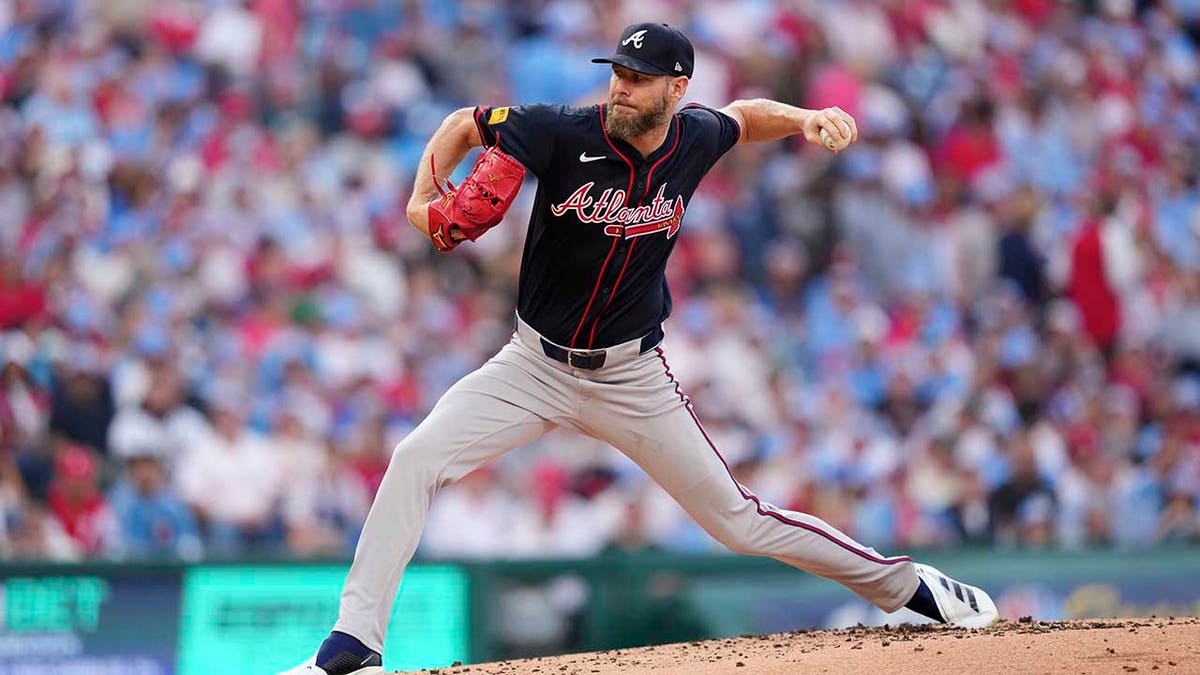 Atlanta Braves pitcher Chris Sale pitching during a baseball game in Philadelphia
