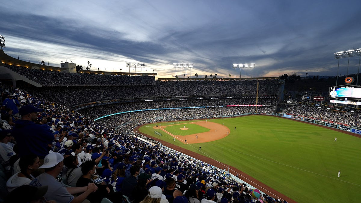Wide view of Dodger Stadium during MLB World Series game between New York Yankees and Los Angeles Dodgers