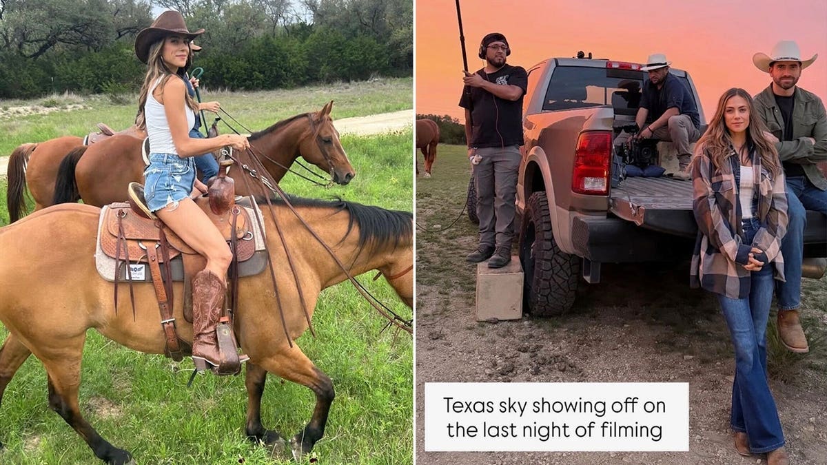 Split photo of Jana Kramer horseback riding and a film crew at sunset by a truck.